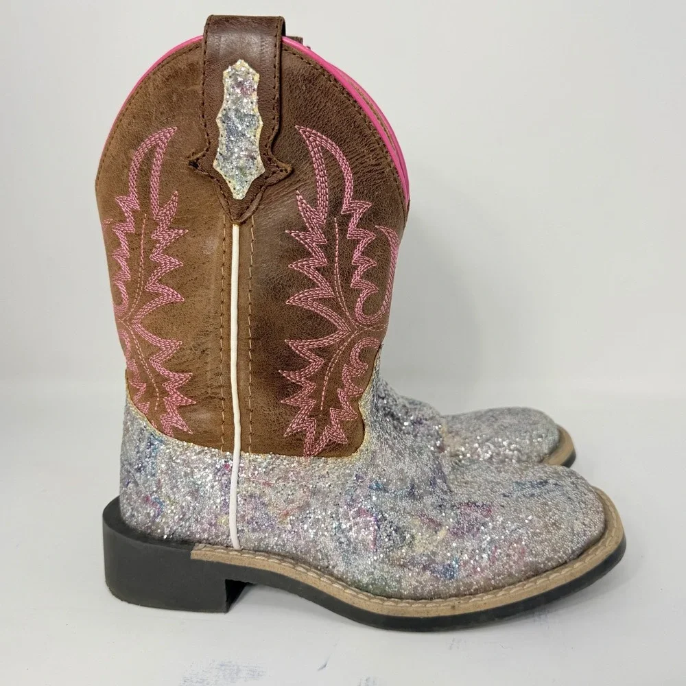 Smoky Mountain Boots Girls Silver Glitter Brown Leather Western Boots  Sz 11
